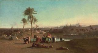 Charles Théodore Frère - A camel train at an oasis, Cairo beyond