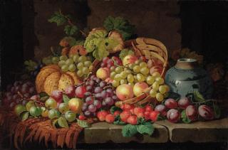 Charles Thomas Bale - A basket of grapes, plums, peaches, strawberries and a melon with a jar on a draped stone table