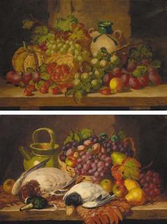 Charles Thomas Bale - A basket of strawberries with plums, grapes, a squash and a bottle on a wooden ledge; and A basket of fruit with a jug and dead game on a wooden ledge