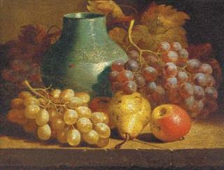 Charles Thomas Bale - Apples, grapes, a pear and a blue jug on a table
