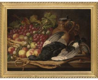 Charles Thomas Bale - Blackcock, an English partridge, apples, grapes and a pitcher on a table