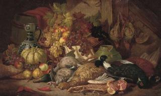 Charles Thomas Bale - Dead Game, Fruit, A Vase And Ewer In A Timbered Interior