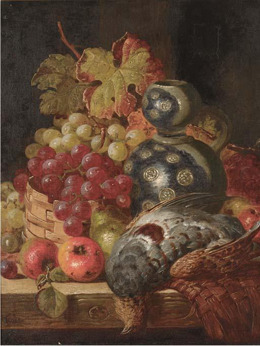 Charles Thomas Bale - Fruit and game on a ledge; and A tankard with fruit on a ledge