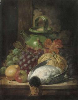 Charles Thomas Bale - Grapes, a pumpkin, apple, pear, pigeon and pot, on a table