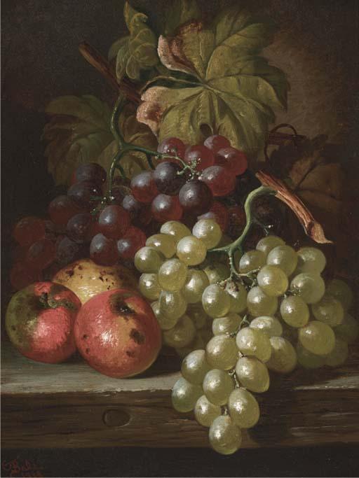 Charles Thomas Bale - Grapes and apples on a wooden ledge; and Grapes, peaches, a plum, and a squash, on a stone ledge