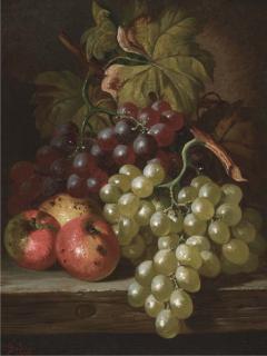 Charles Thomas Bale - Grapes and apples on a wooden ledge; and Grapes, peaches, a plum, and a squash, on a stone ledge