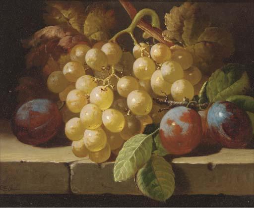 Charles Thomas Bale - Grapes and plums on a stone ledge