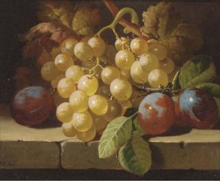 Charles Thomas Bale - Grapes and plums on a stone ledge