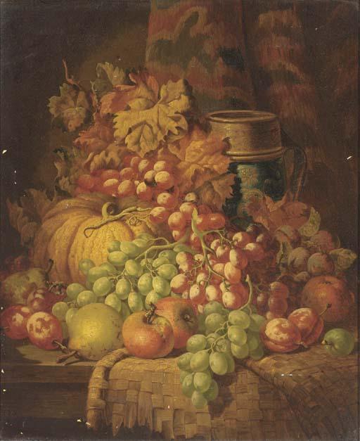 Charles Thomas Bale - Grapes, apples, pears, plums, a gourd, and a stoneware tankard, on a ledge