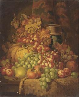 Charles Thomas Bale - Grapes, apples, pears, plums, a gourd, and a stoneware tankard, on a ledge