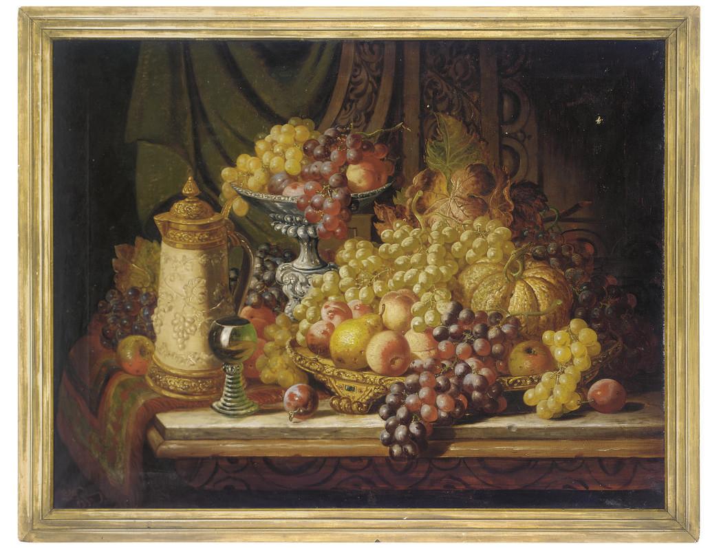 Charles Thomas Bale - Grapes, melon, peaches and a tankard on a table