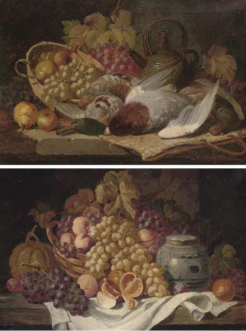 Charles Thomas Bale - Grapes, Oranges, Peaches, A Melon, And A Ceramic Jug; And Grouse, A Mallard, Grapes, Pears, A Wicker Basket, And A Ceramic Pot, On A Marble Ledge