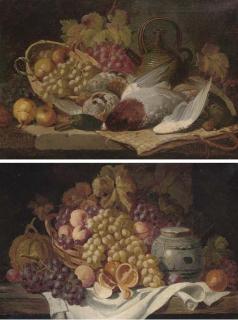 Charles Thomas Bale - Grapes, Oranges, Peaches, A Melon, And A Ceramic Jug; And Grouse, A Mallard, Grapes, Pears, A Wicker Basket, And A Ceramic Pot, On A Marble Ledge