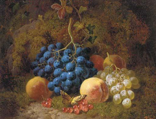 Charles Thomas Bale - Grapes, peaches, redcurrants, and a butterfly, on a mossy bank