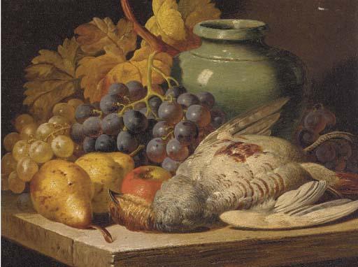 Charles Thomas Bale - Grapes, pears, an apple, a jug and game on a shelf