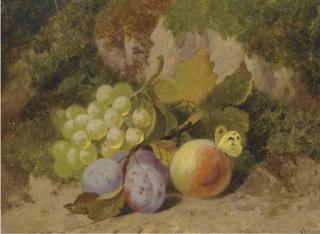 Charles Thomas Bale - Grapes, plums, a peach and a butterfly, on a mossy bank