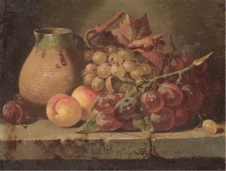 Charles Thomas Bale - Grapes, plums, and peaches with a jug on a ledge