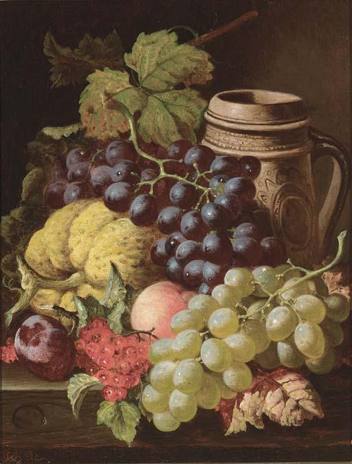 Charles Thomas Bale - Grapes, redcurrants, plums, a peach, a gourd, and a stoneware tankard, on a wooden ledge