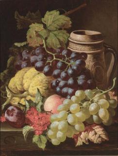 Charles Thomas Bale - Grapes, redcurrants, plums, a peach, a gourd, and a stoneware tankard, on a wooden ledge