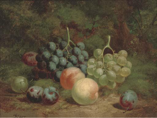 Charles Thomas Bale - Peaches, grapes and plums on a mossy bank