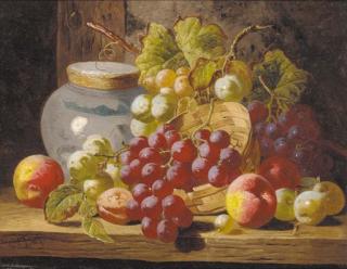 Charles Thomas Bale - Peaches, Grapes, Plums, A Ginger Jar, And A Wicker Basket, On A Wooden Ledge