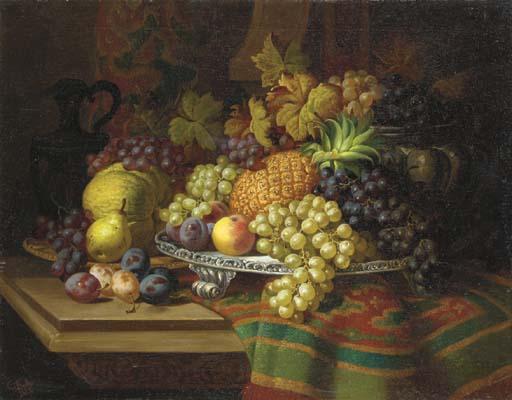 Charles Thomas Bale - Pineapples, Grapes, Plums and Pears on a Silver Tray with a Jar on a Draped Wooden Ledge