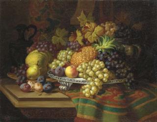 Charles Thomas Bale - Pineapples, Grapes, Plums and Pears on a Silver Tray with a Jar on a Draped Wooden Ledge