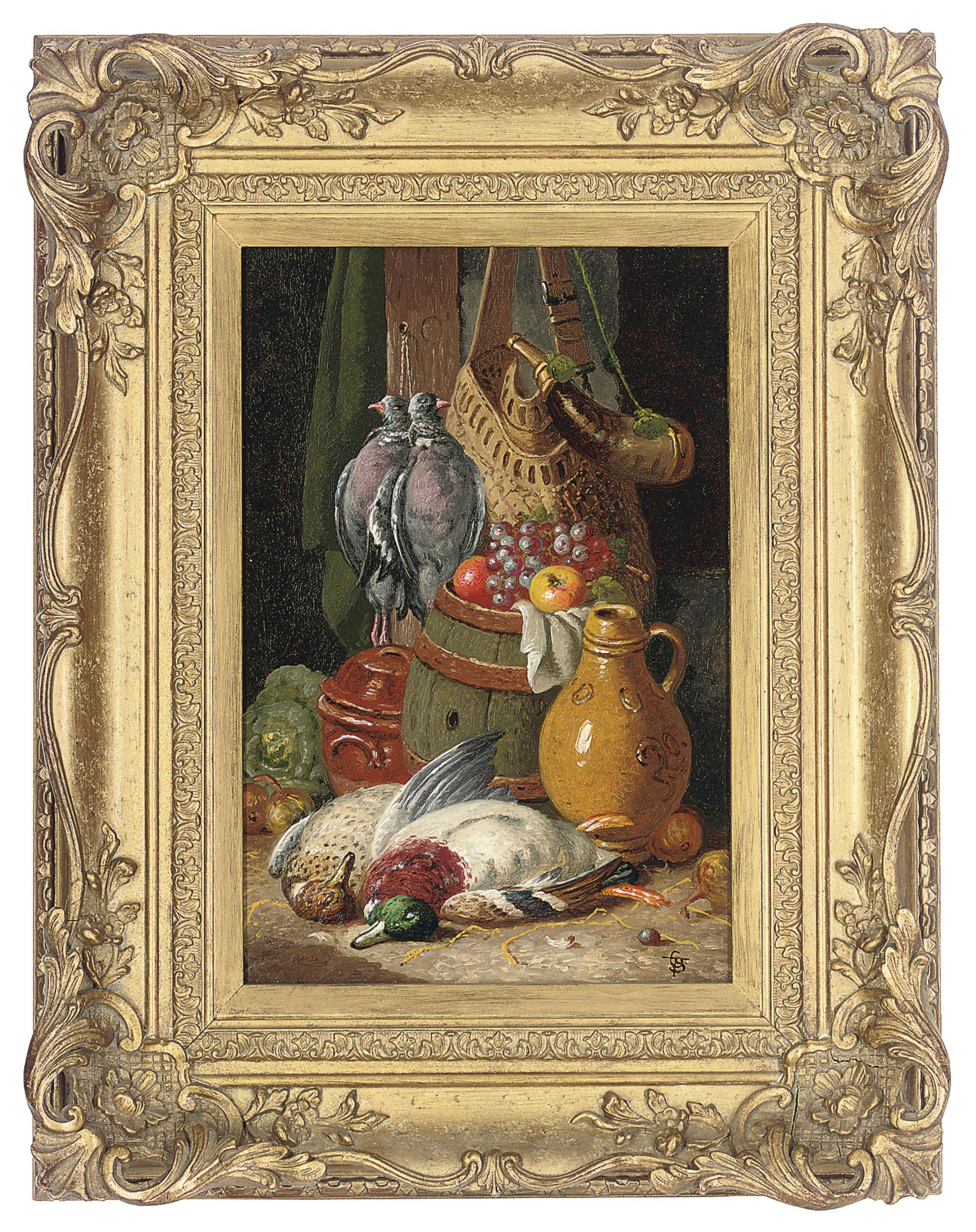 Charles Thomas Bale - The day\'s bag; and Apples, grapes, plums, a pumpkin and jug on a wooden bench