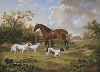 Charles Towne - A bay hunter and three pointers in a landscape with Lyston Hall beyond