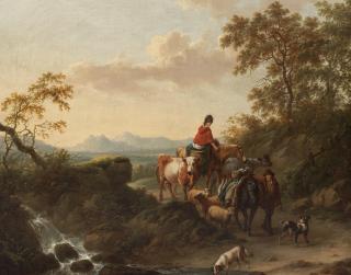 Charles Towne - A couple travelling with animals down a country path, with a dog drinking from a stream