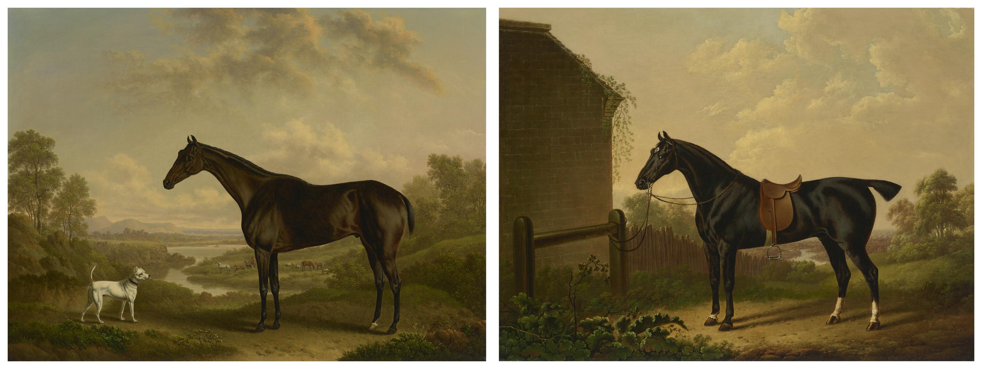 Charles Towne - A dark bay Hunter with a terrier in a landscape; and A saddled black hunter in a landscape