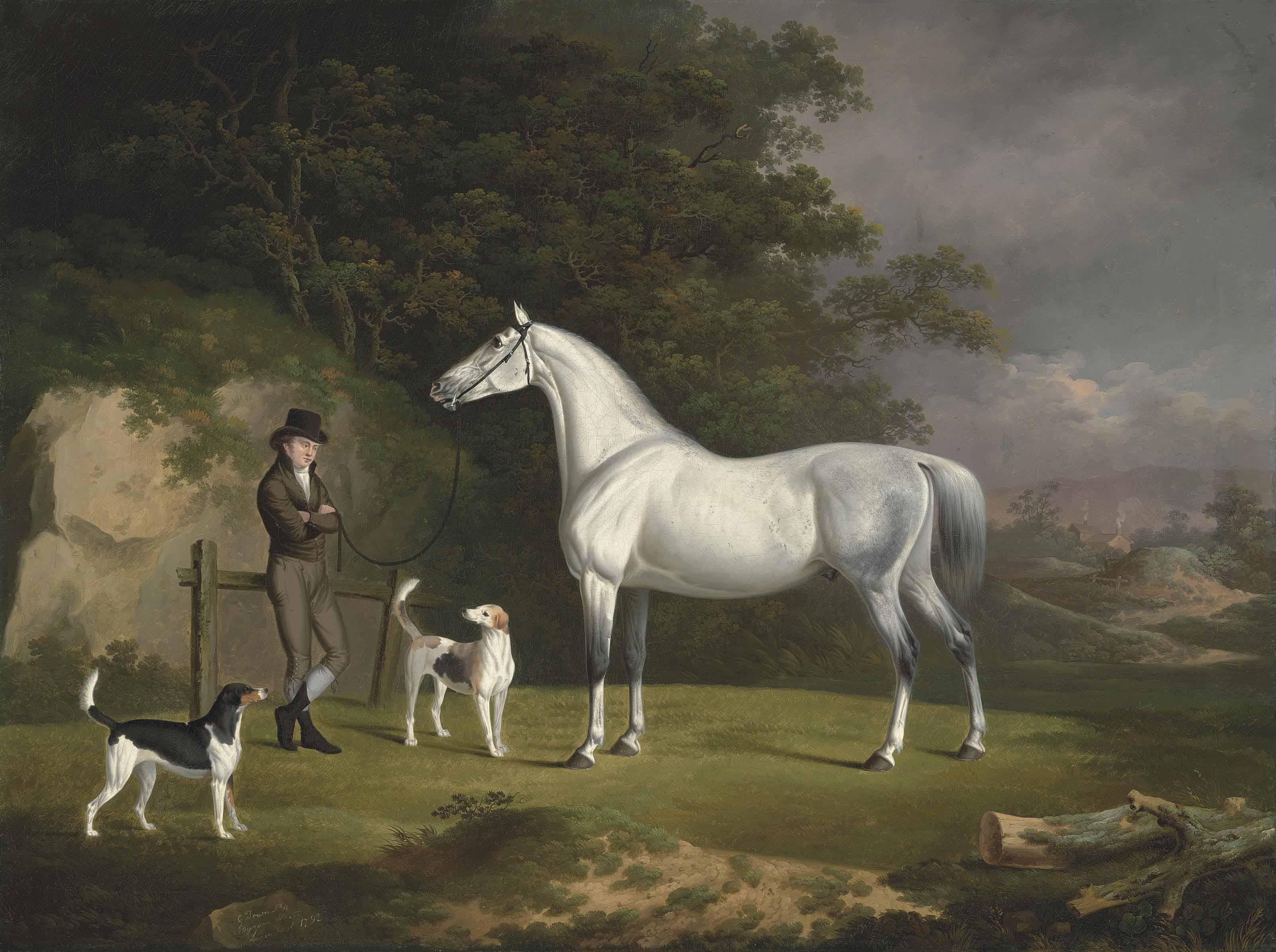 Charles Towne - A Grey Hunter With A Groom And Two Hounds In A Wooded Landscape
