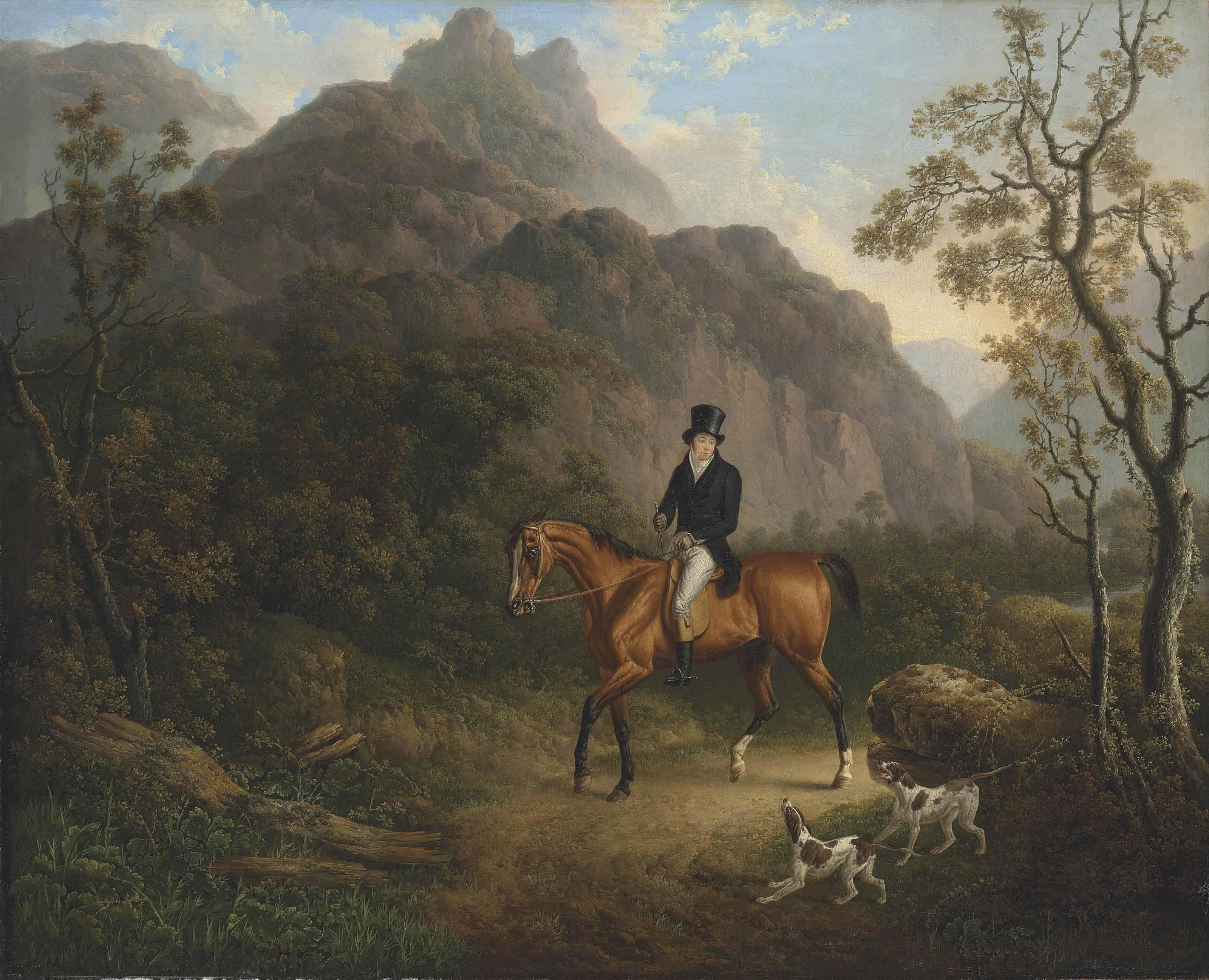 Charles Towne - A Mountainous Landscape With A Gentleman On A Chestnut Hunter, Accompanied By Two Pointers