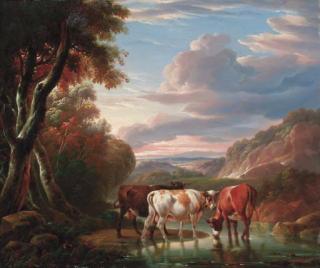 Charles Towne - A mountainous river landscape with cattle watering by a pool
