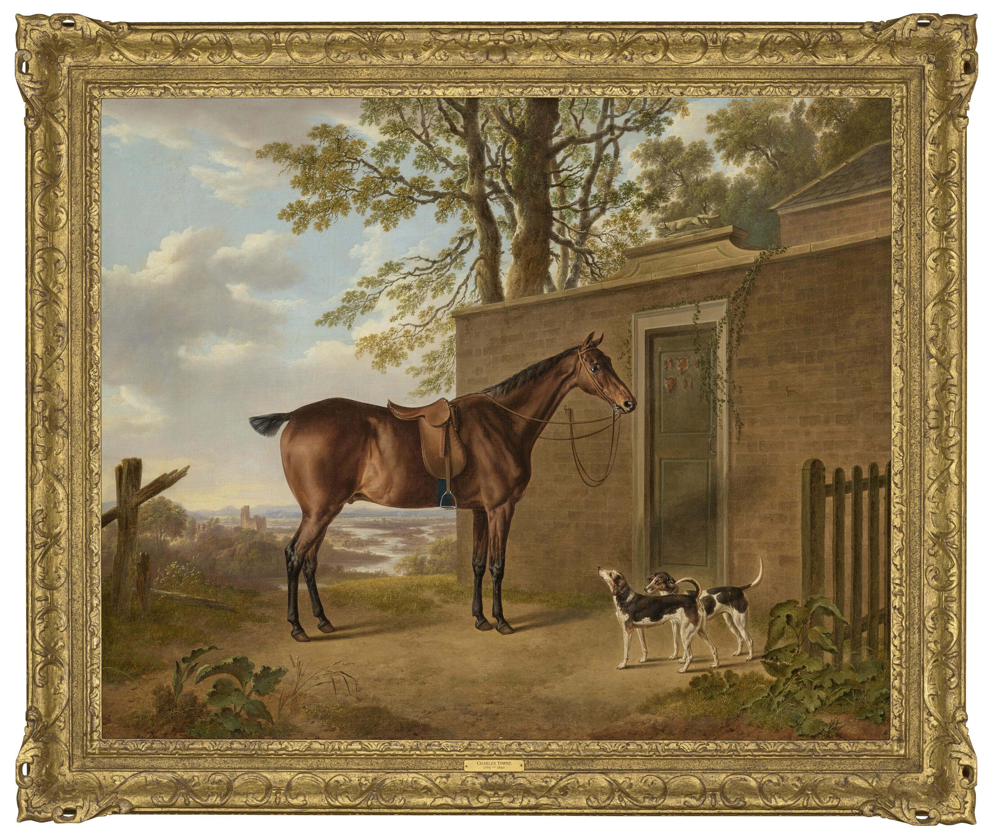 Charles Towne - A saddled bay hunter with two hounds outside a stable
