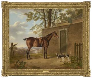 Charles Towne - A saddled bay hunter with two hounds outside a stable