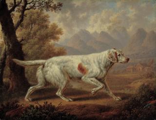 Charles Towne - An English Setter in a wooded landscape, with pheasants in the foreground and mountains beyond