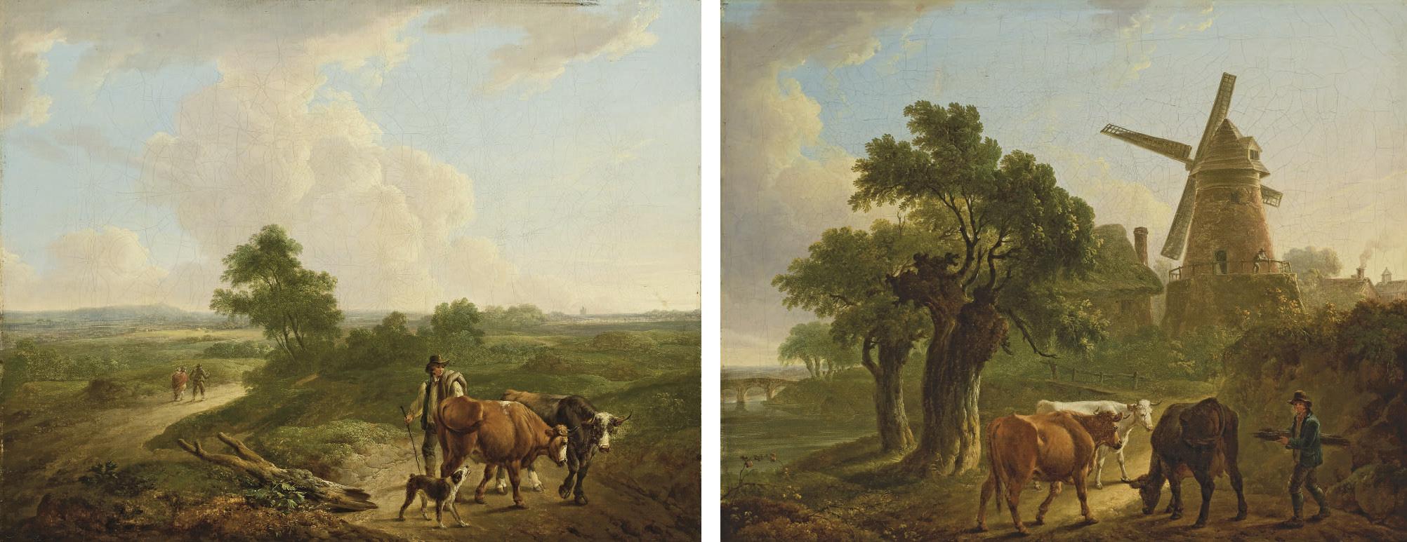 Charles Towne - Paysan et son chien avec un troupeau dans la campagne ; et Paysan avec des vaches aux abords d\'un moulin