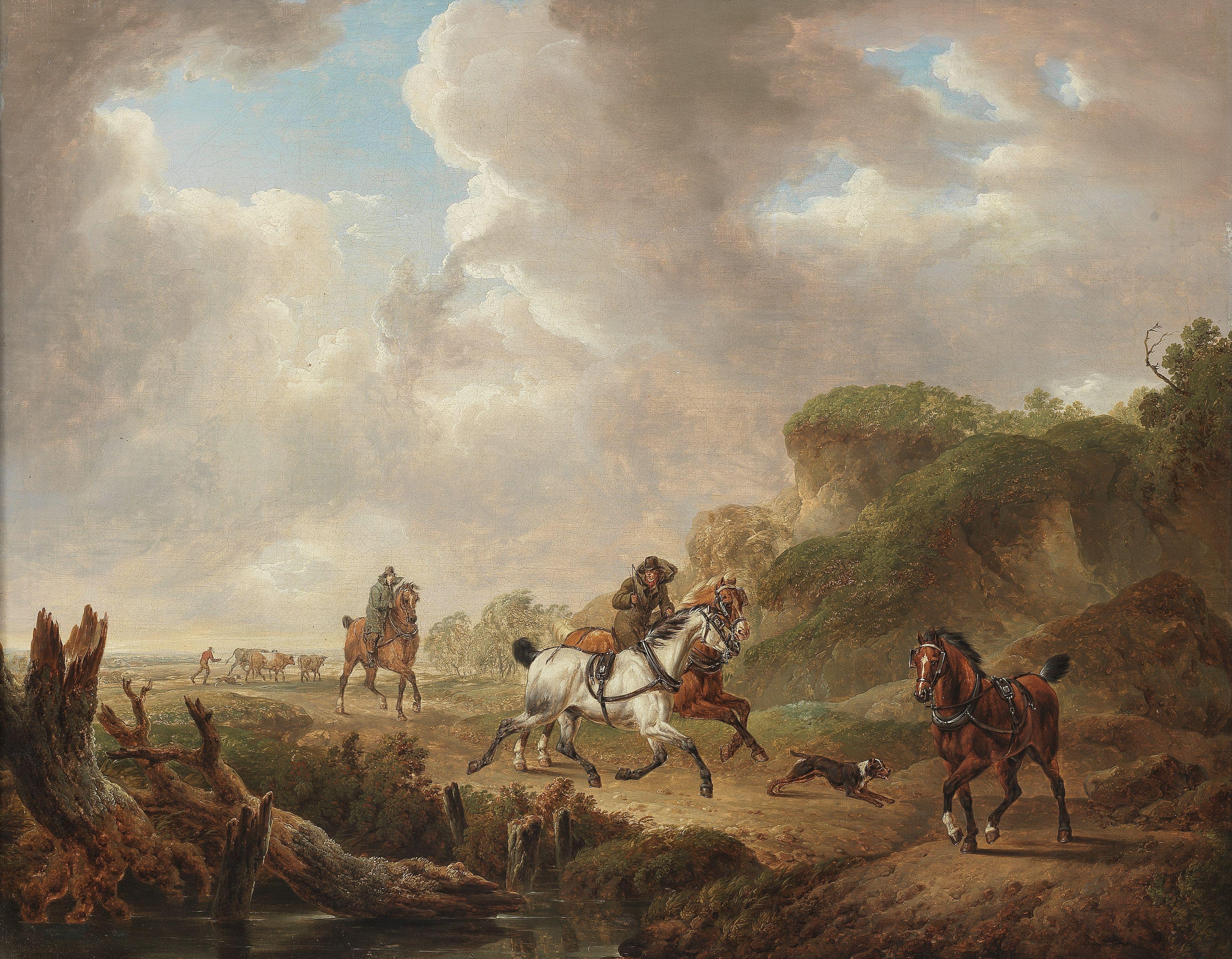 Charles Towne - Riders and dogs on a country path, with a figure herding cattle in the distance