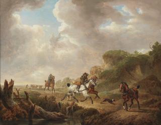 Charles Towne - Riders and dogs on a country path, with a figure herding cattle in the distance