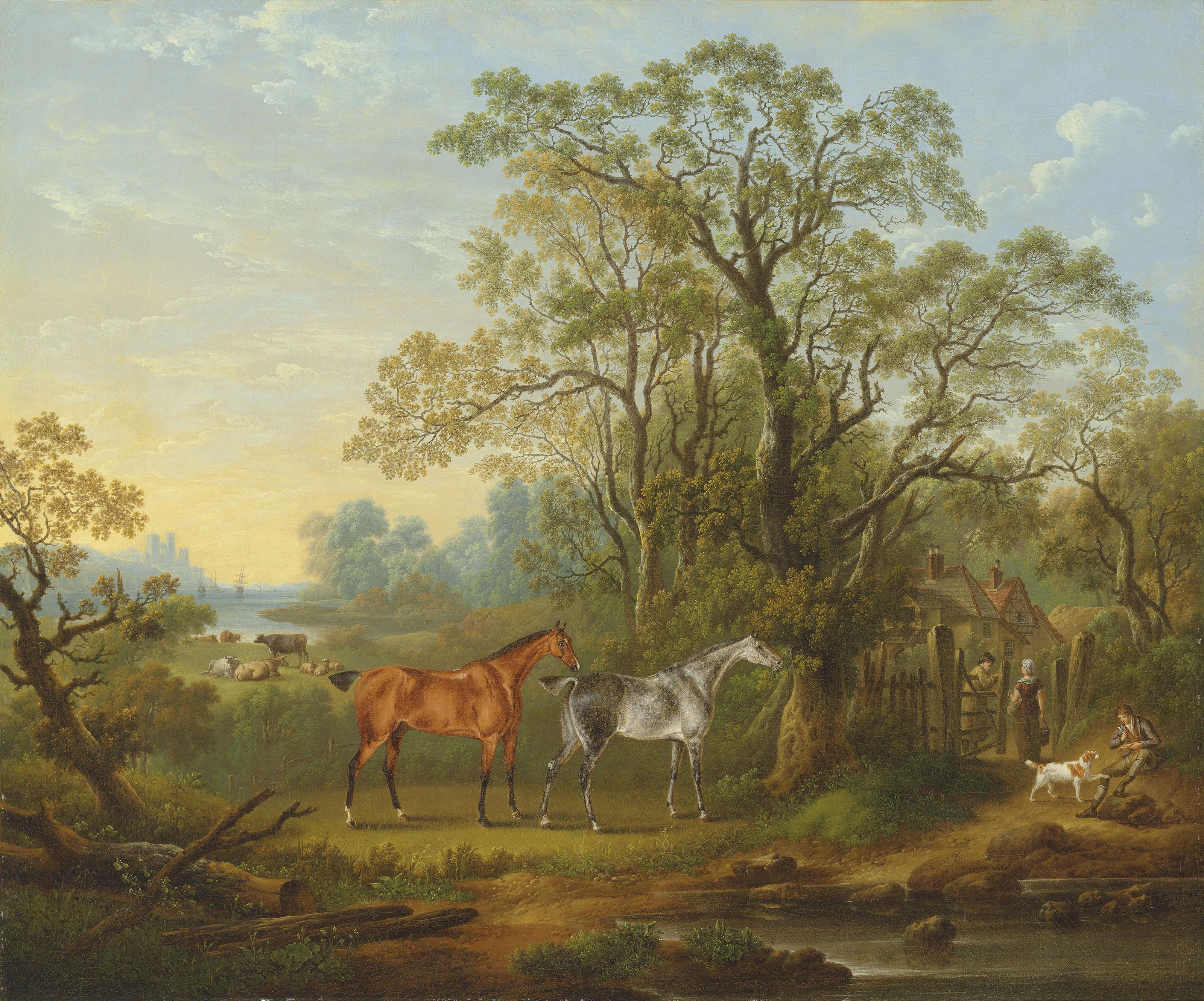 Charles Towne - The favourite hunters of Mrs Robert Townley Parker of Cuerden Hall, Lancashire, in a wooded coastal landscape