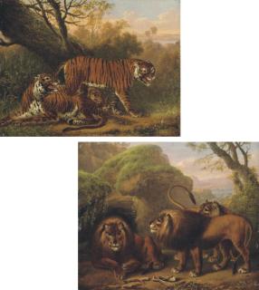 Charles Towne - Tigers beside a tree; and Lions in a Rocky Landscape, Rapids beyond
