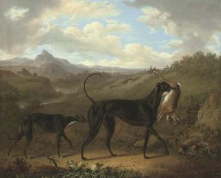 Charles Towne - Two Greyhounds With A Hare, In An Extensive Mountainous Landscape With Huntsmen Coursing Beyond