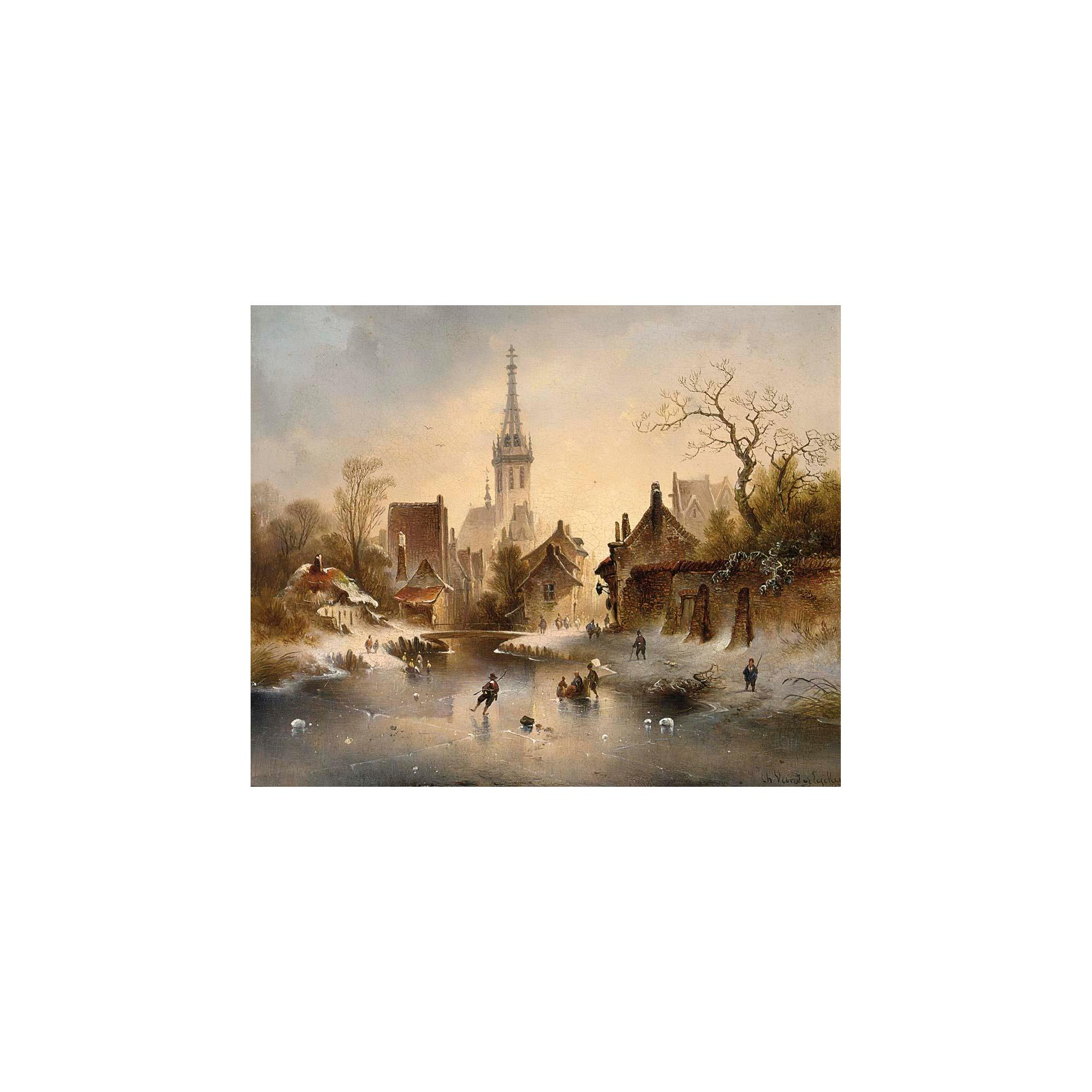 Charles van den Eycken - A Winter Landscape With Skaters Near A Village