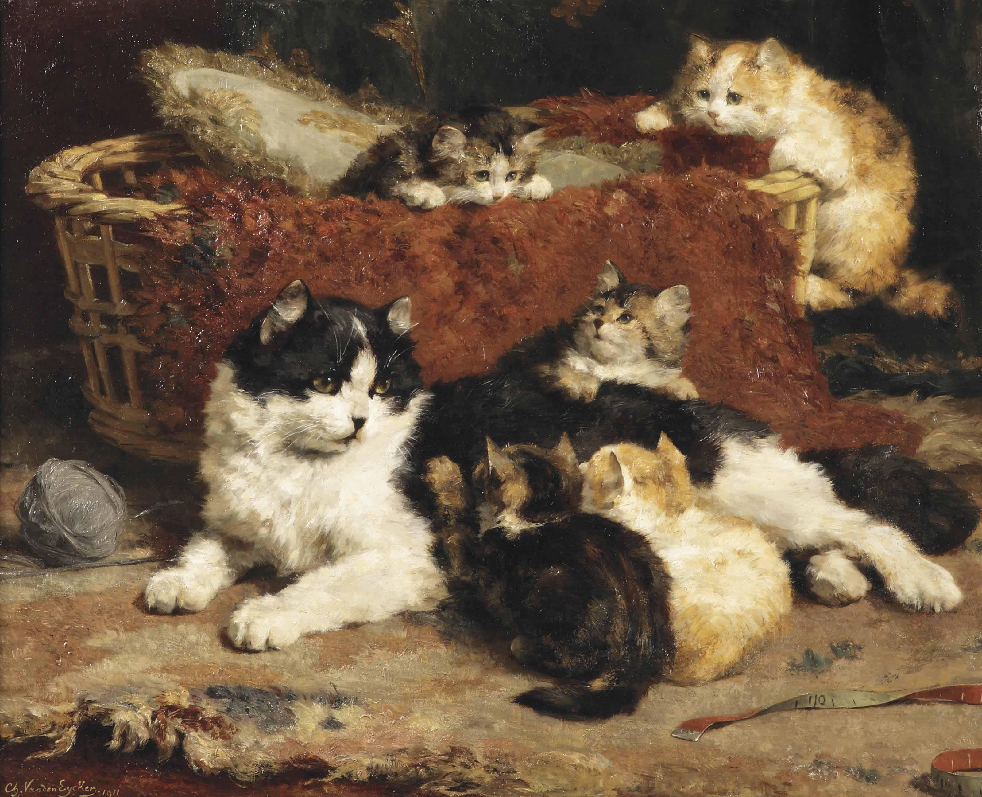 Charles Van Der Eycken - \'Bonne Mere\'; A Cat And Her Kittens