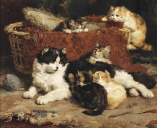 Charles Van Der Eycken - \'Bonne Mere\'; A Cat And Her Kittens