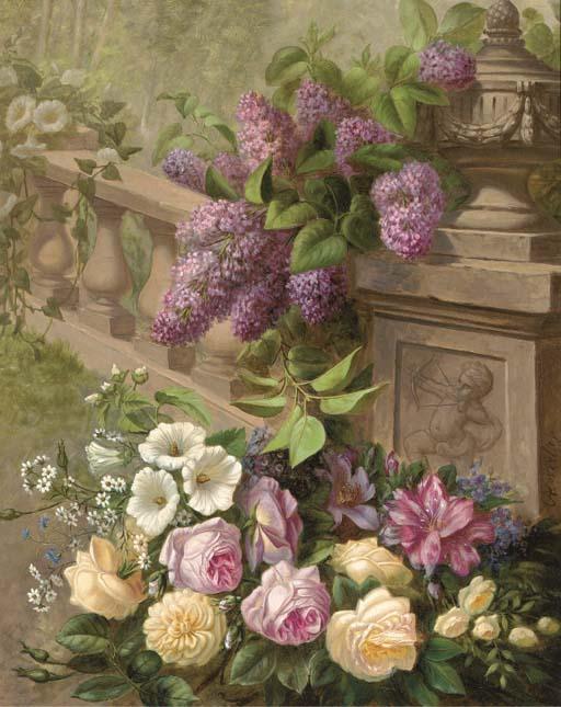 Charles Verlat - Hydrangeas, Roses, Rhodedendrons And Convolvulus Arranged Around A Balustrade