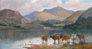 Charles W. Oswald - Cattle watering in a loch landscape