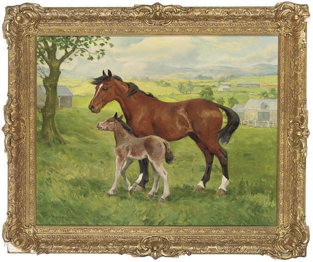 Charles Walter Simpson - A mare and a foal, mist over the hills