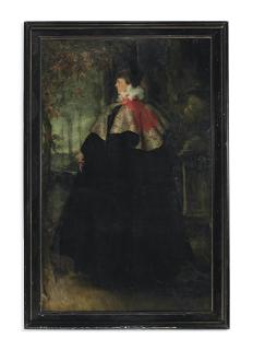 Charles Wellington Furse, A.R.A. - Portrait of Mrs Ian Hamilton, later Lady Hamilton, standing full-length, in a black \'Worth\' cloak with a pink collar, on a terrace.